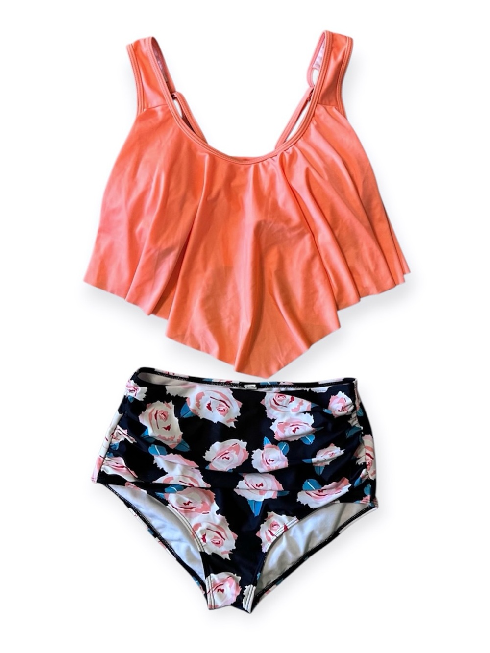 Bright Peach Flounce Tankini Top with Black & Floral High-Waist Bottoms